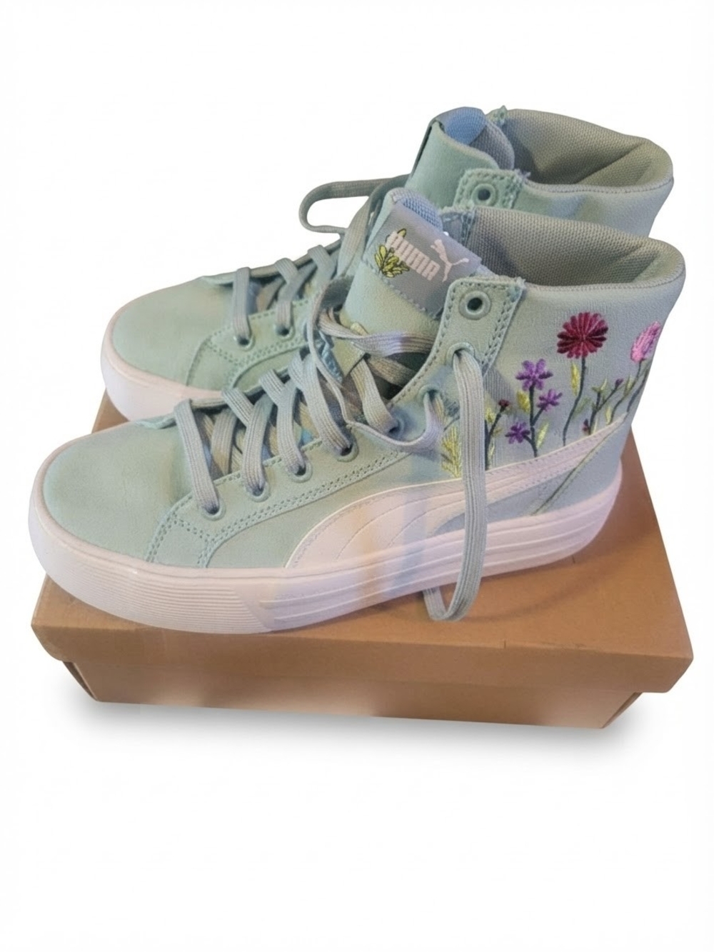 Puma Women's High-Top Sneakers in Mint with Floral Embroidery
